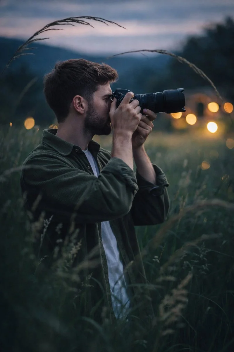 Twilight Focus: Photographer in a Lush Meadow with Telephoto Lens