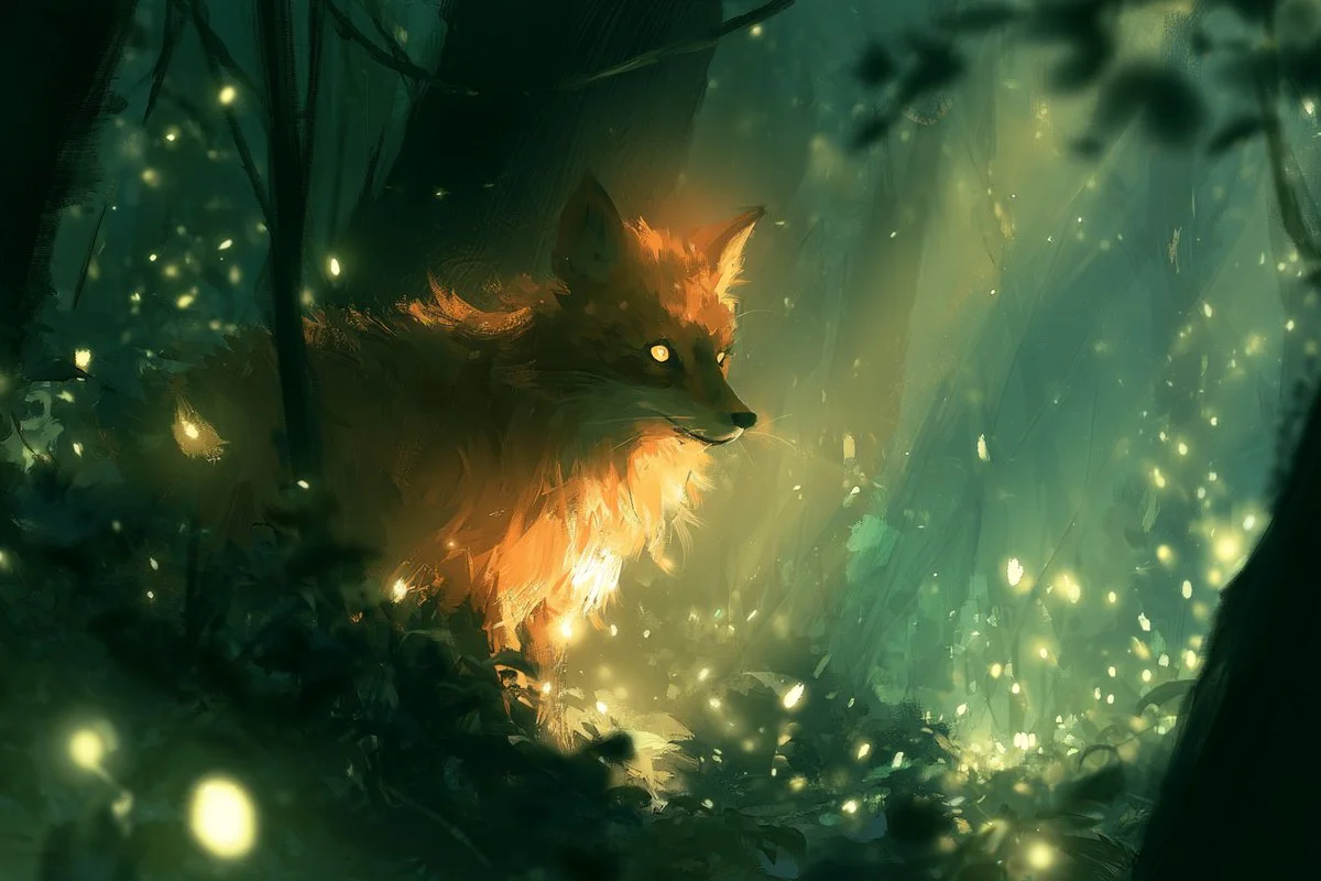 Twinkling insects illuminate a serene woodland clearing at dusk