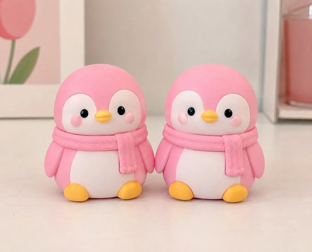 Two adorable pink penguin figurines on pastel tabletop