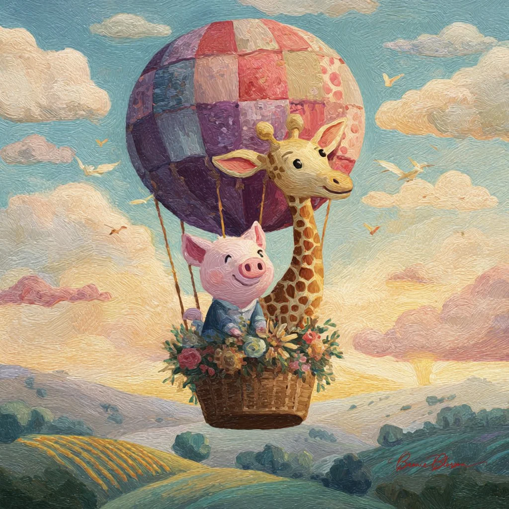 Two animal friends float above rolling hills in a colorful balloon.