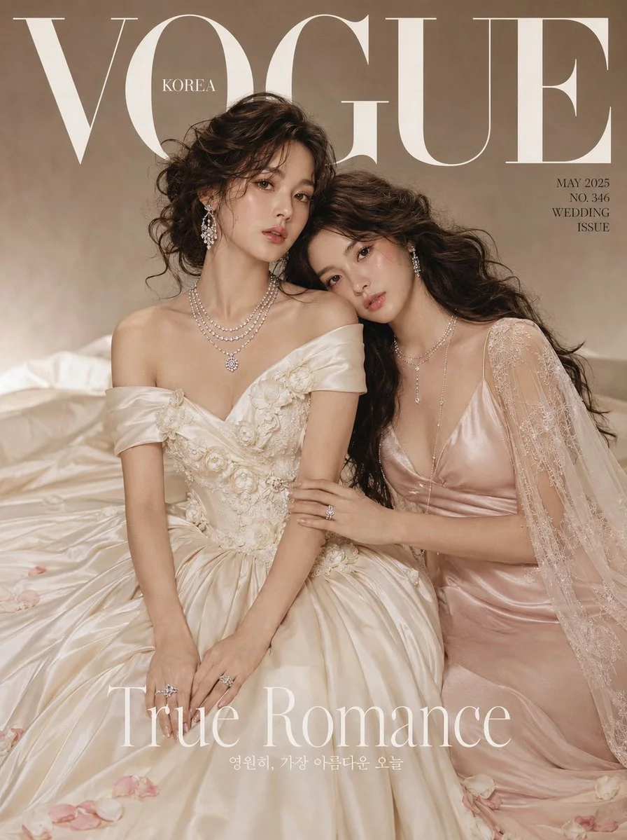 Two brides in ivory satin and blush silk pose intimately for Vogue