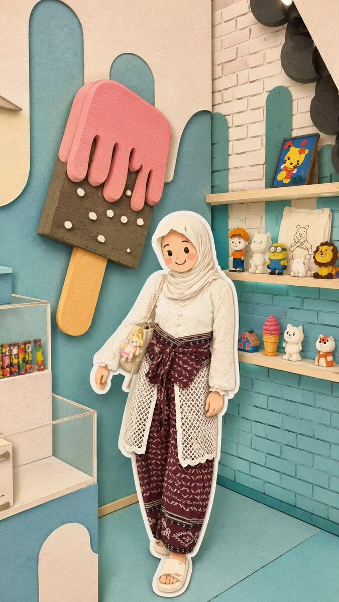 Two chibi Muslim friends share a giant ice cream in a pastel cafe