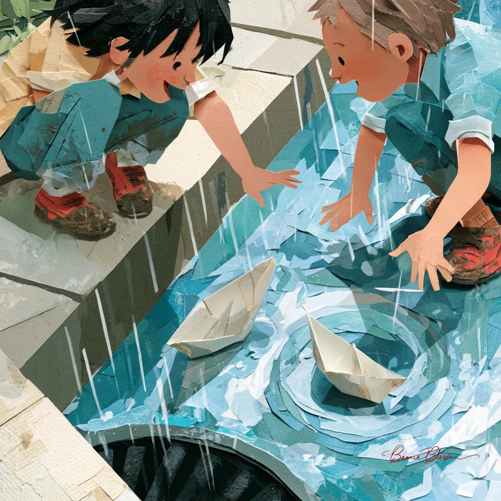 Two children race paper boats in rain-filled gutter