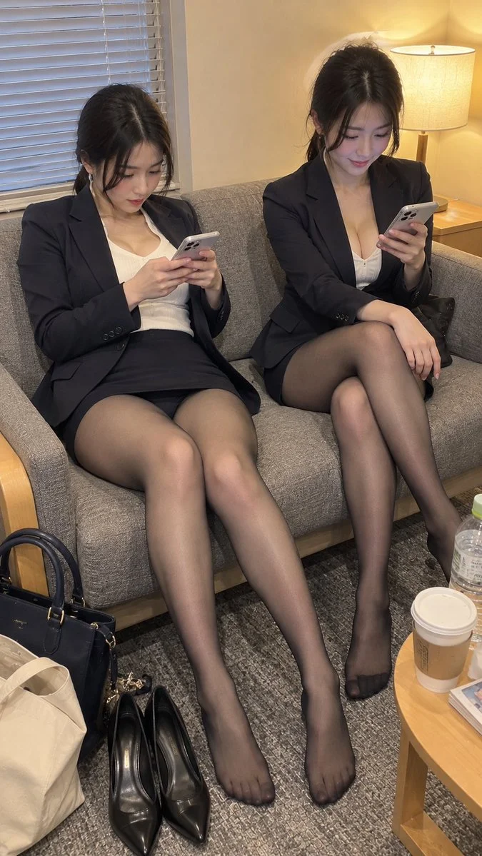 Two Flight Attendants Relax on Sofa After Work in Office Lounge