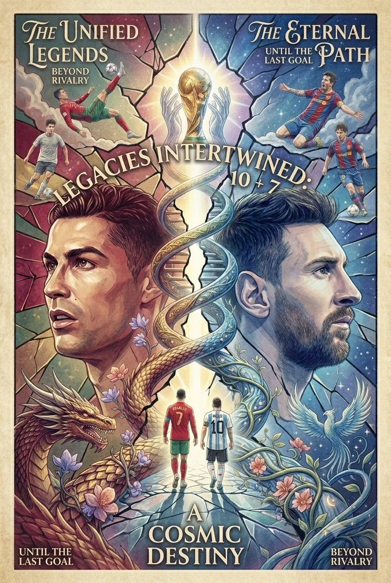 Two football legends climb a DNA staircase toward a shared trophy