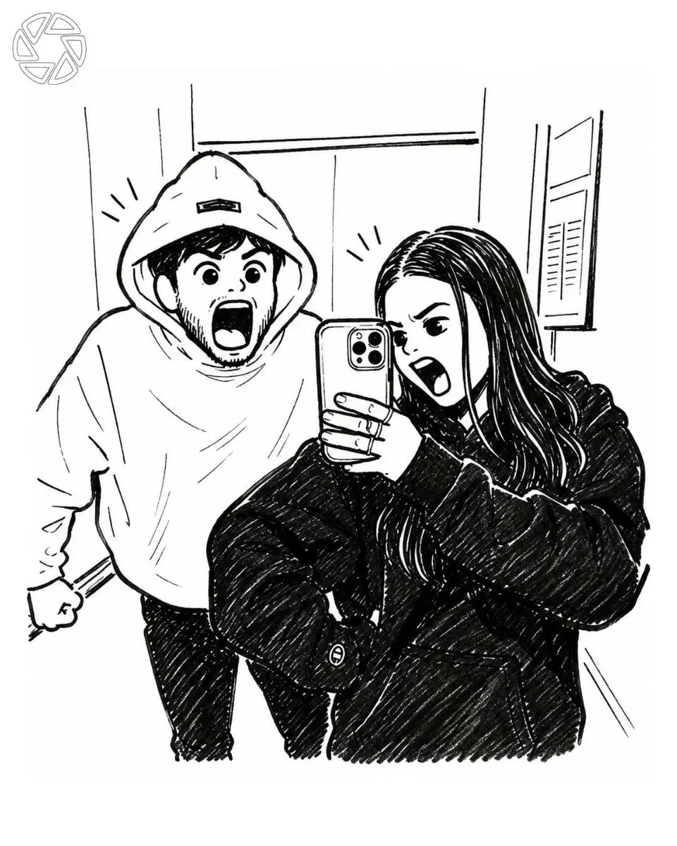 Two friends scream while taking a mirror selfie in elevator