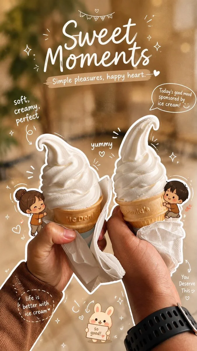 Two hands hold vanilla soft serve cones in warm cafe light