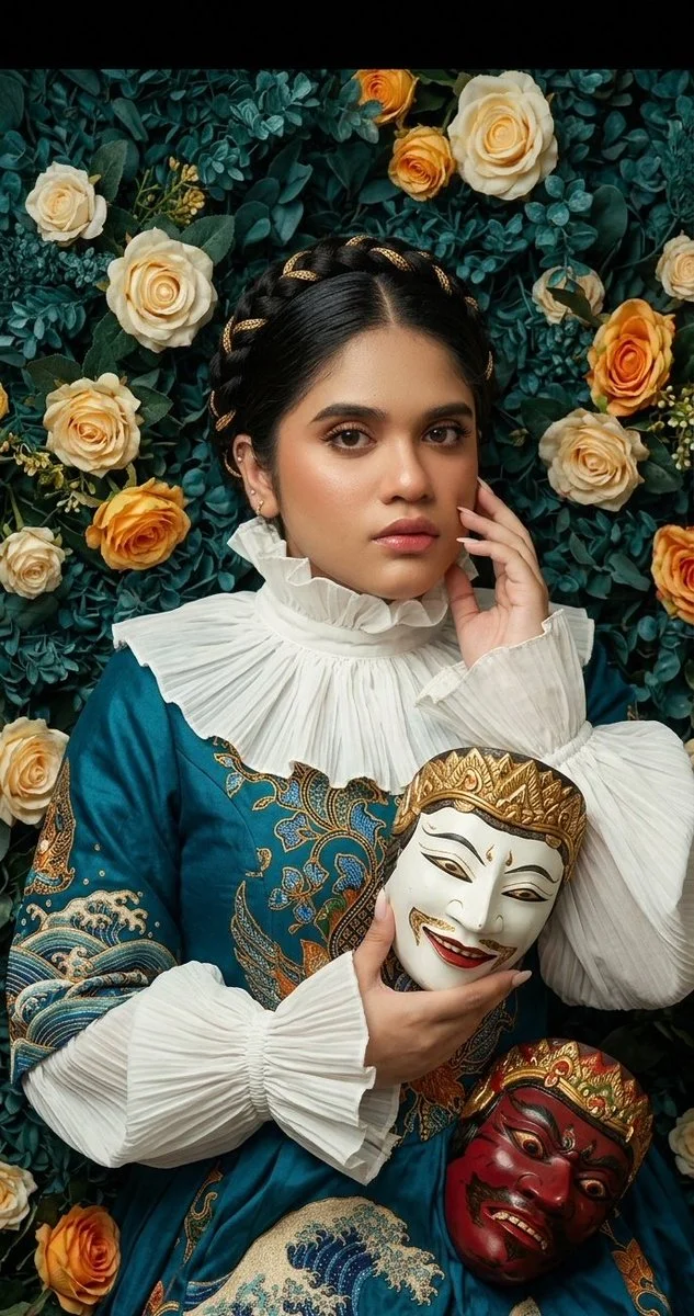 Two masks reveal the duality of a serene beauty