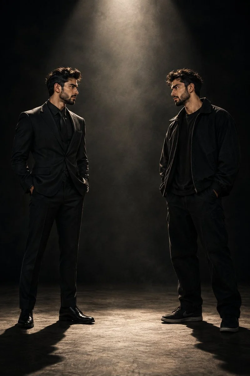 Two Men in Black Suits Face Off Under Spotlight