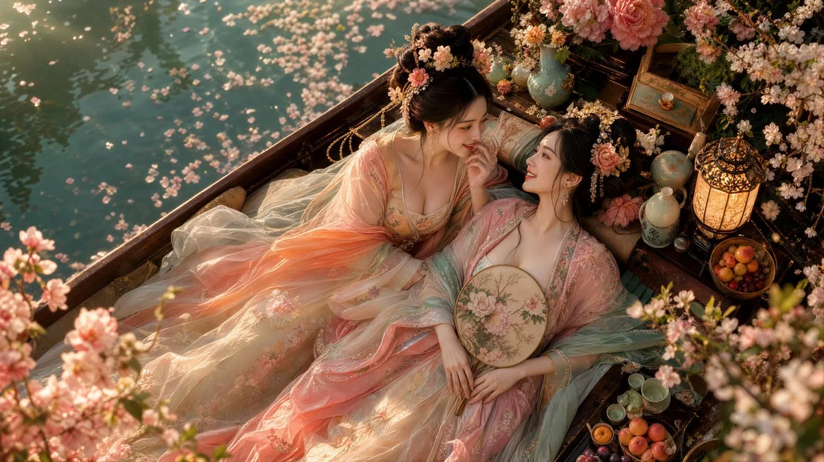 Two noble women recline in a flower boat at dusk