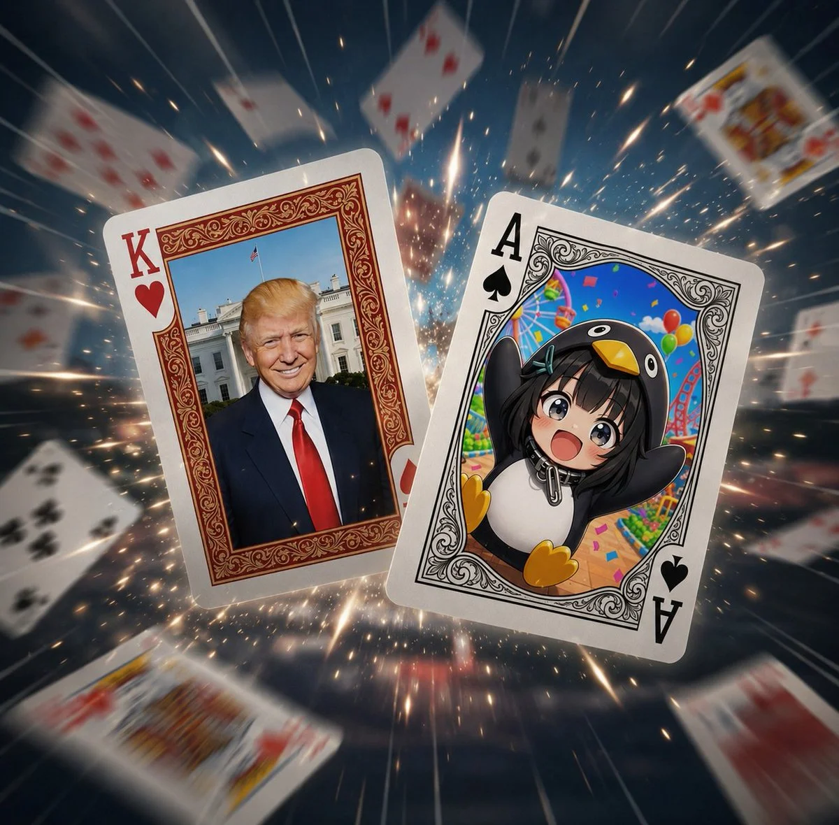 Two oversized cards fly through a magical casino portal