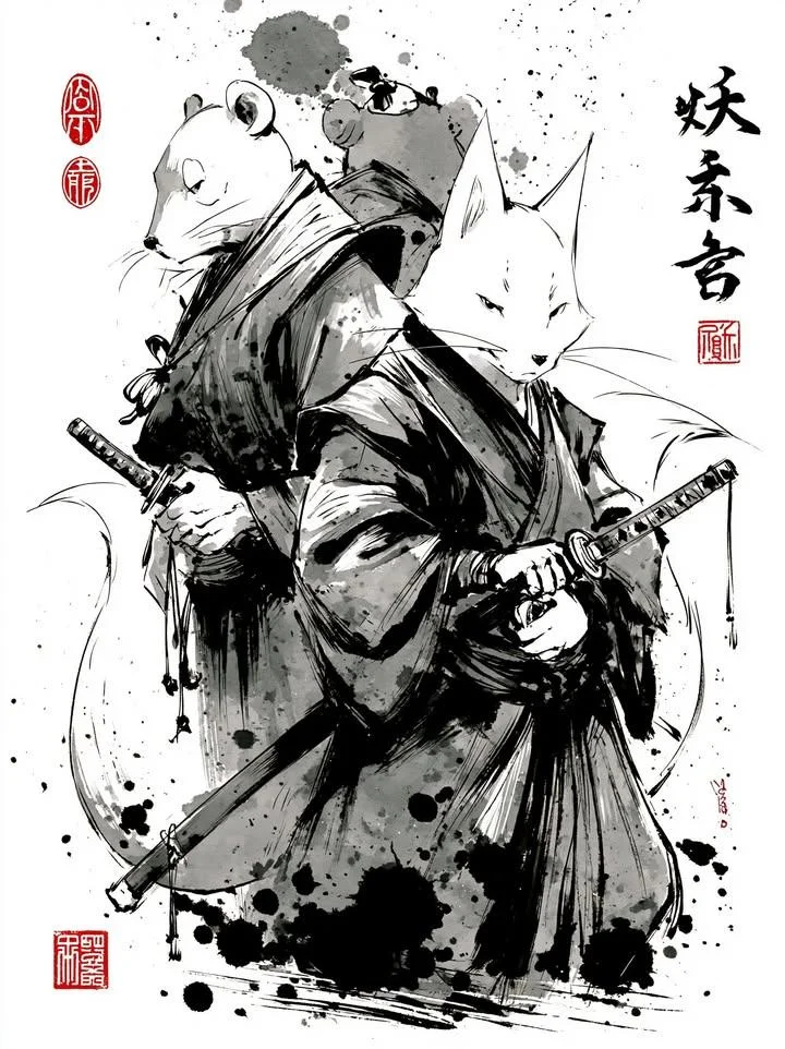 Two samurai animals stand back-to-back in sumi-e ink style