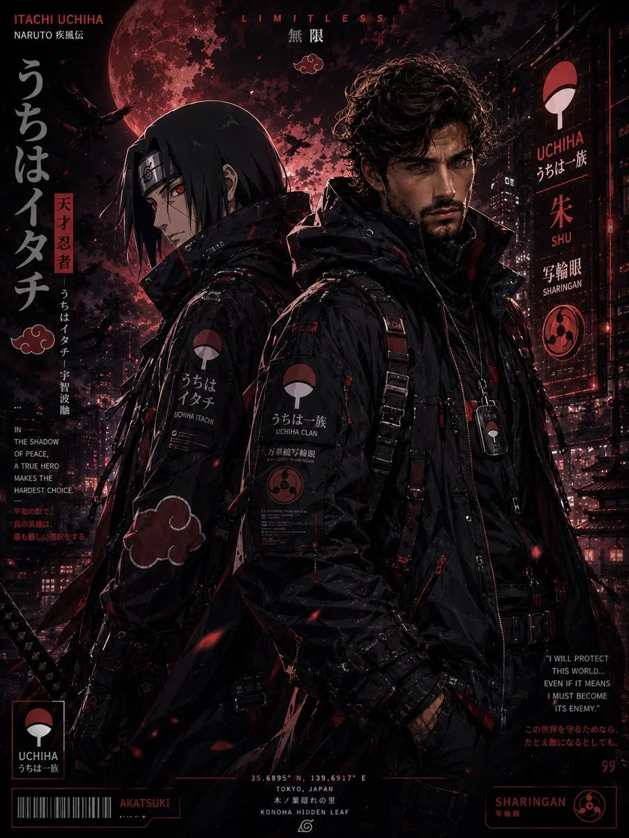 Two techwear warriors stand back-to-back in cinematic action pose