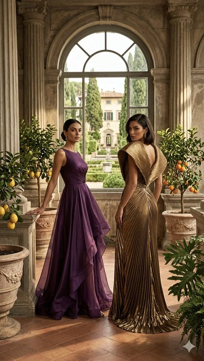 Two women in elegant gowns pose in a sunlit Italian loggia.