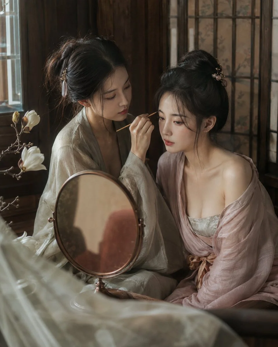 Two women in soft light, one paints the other's brow with a brush