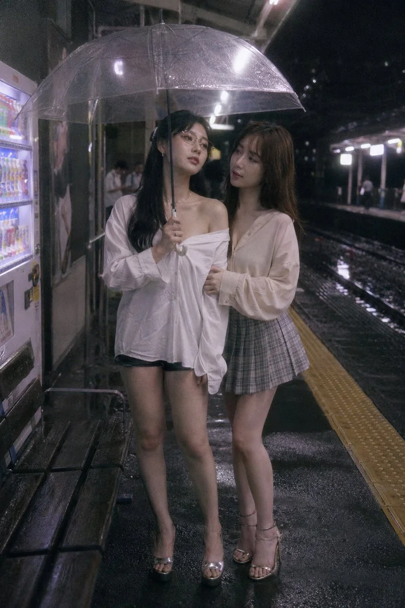 Two women share a quiet moment under a rainlit umbrella on a station platform