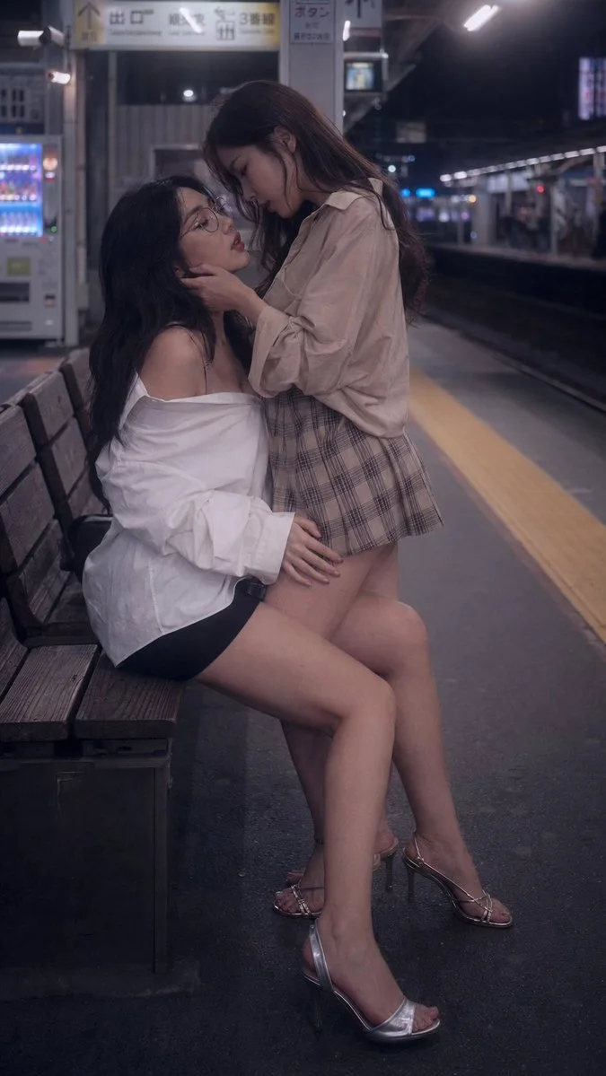 Two women share an intimate moment on a quiet station platform at night