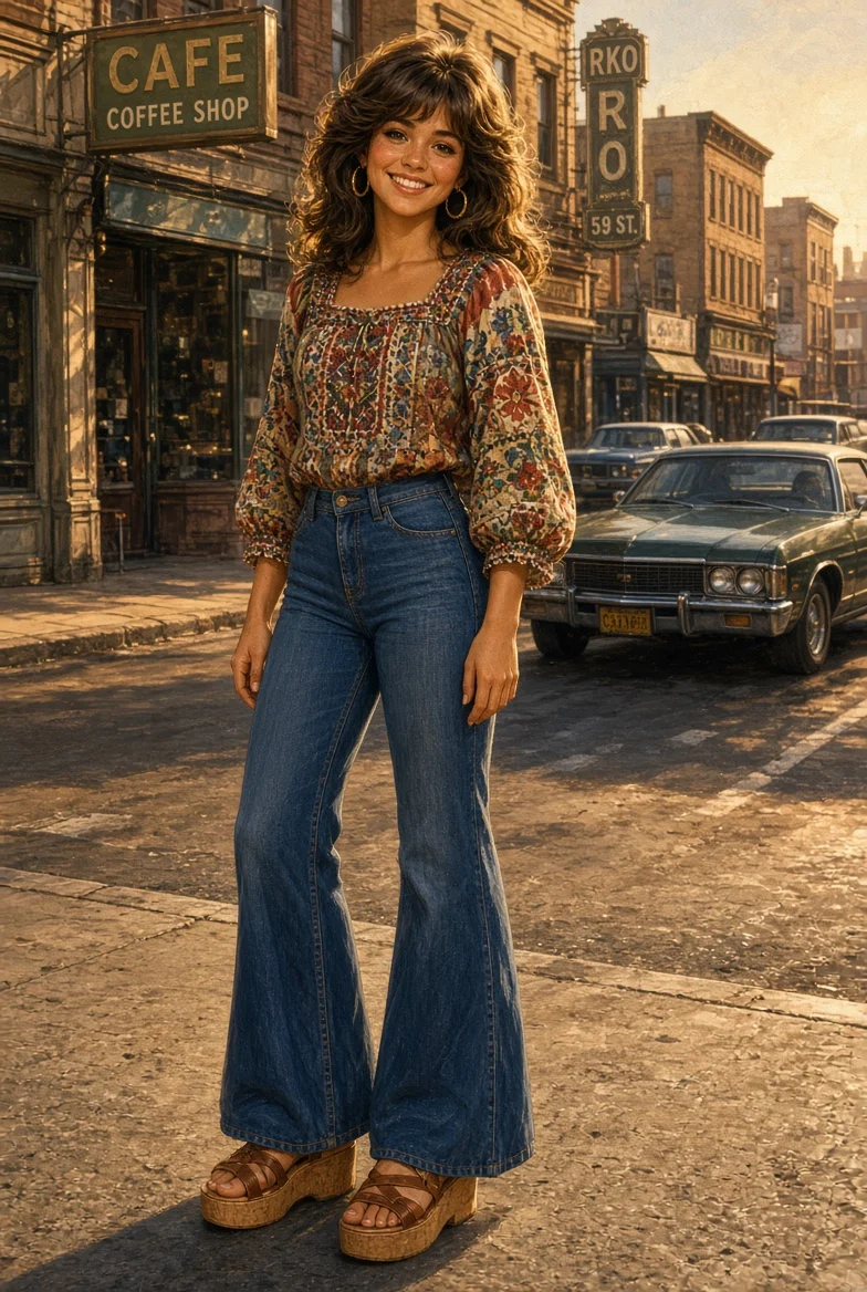 Two Women Strolling Through Sunlit Retro City Streets in 70s Style