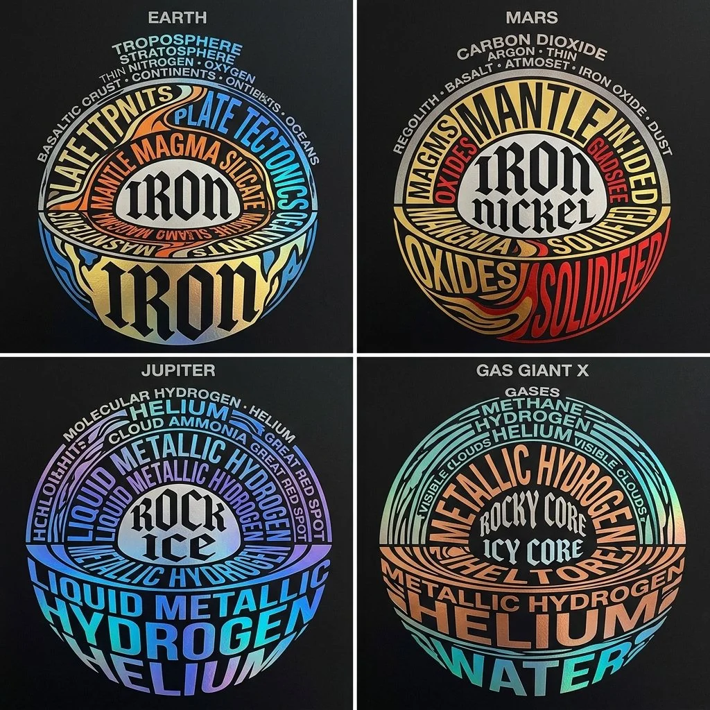 Typographic Planetary Cross-Sections in Foil Stamping Art