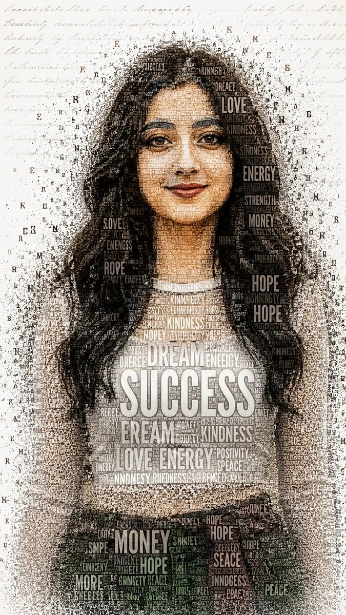 Typographic portrait of a smiling woman built from empowering words
