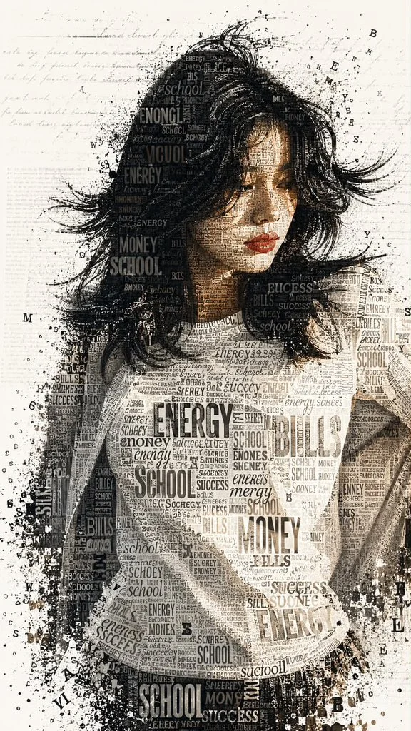 Typographic portrait of a woman formed entirely by words and letters