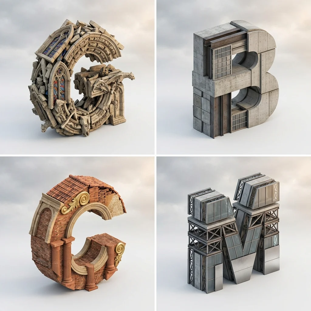 Typographic Sculptures Merging Four Architectural Eras