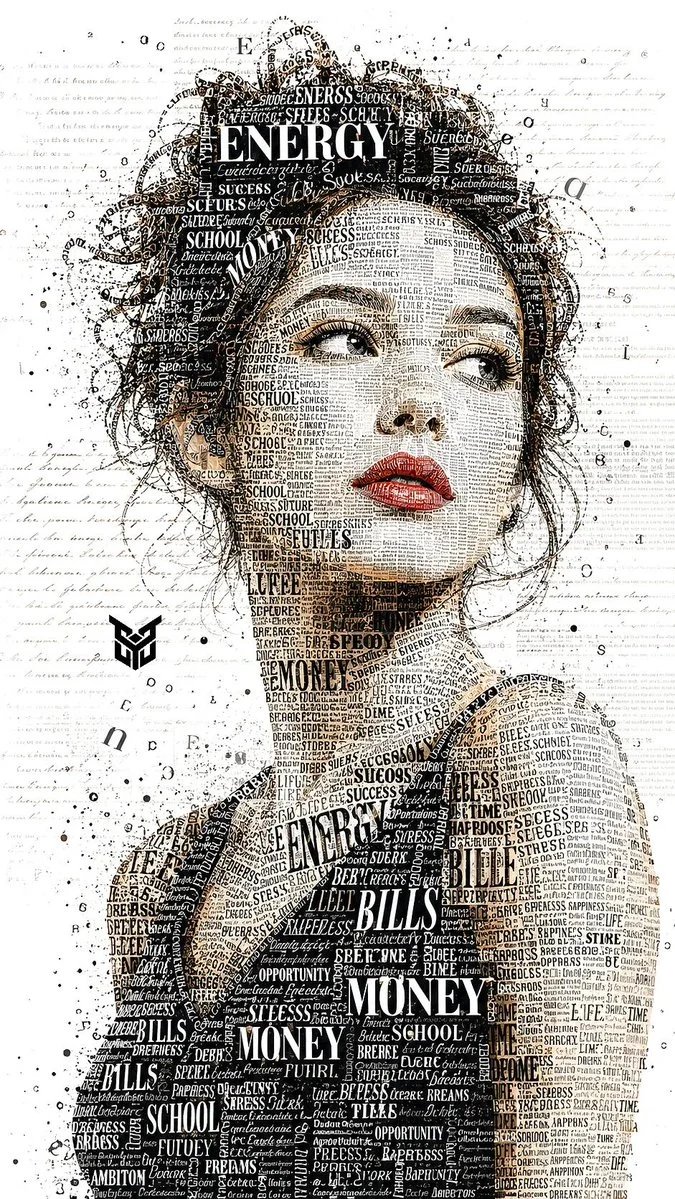 Typographic text mosaic forms a young woman's thoughtful portrait