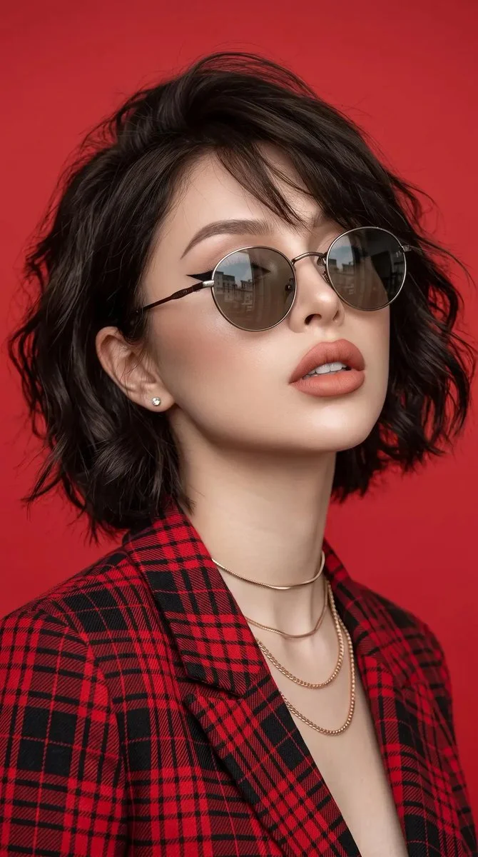 Ultra-realistic editorial portrait of woman with vintage sunglasses