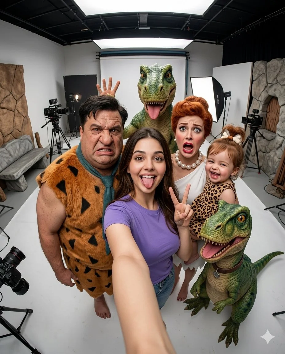 Ultra-Realistic Group Selfie with Lifelike Flintstones in Modern Studio