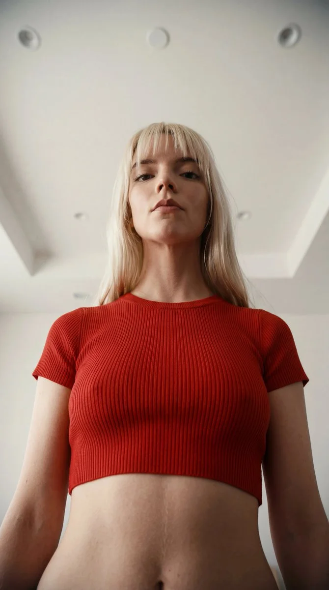 Ultra-Realistic Low-Angle Portrait of Anya Taylor-Joy in Red Crop Top