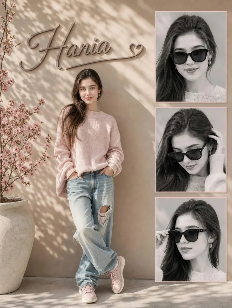 Ultra-Realistic Luxury Fashion Editorial Featuring a Confident Woman in Soft Pink and Denim