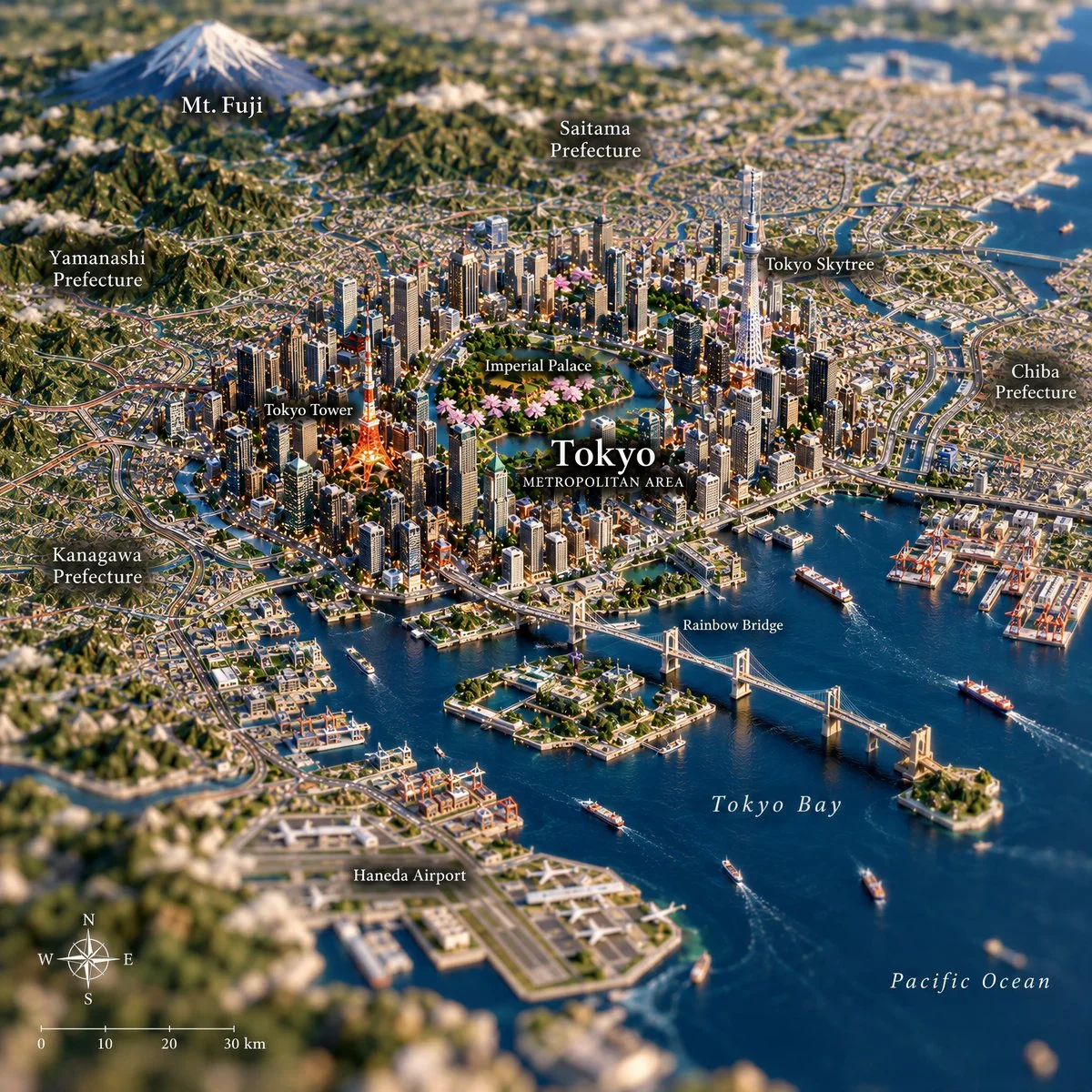 Ultra-Realistic Top-Down Map Featuring a Miniature 3D City Emerging from Terrain