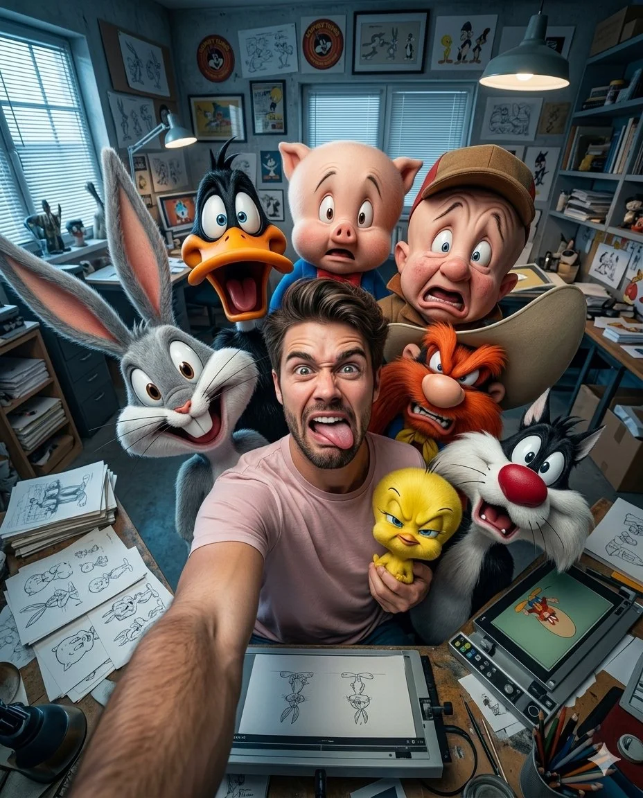 Ultra-Wide Studio Selfie with Iconic Looney Tunes Characters