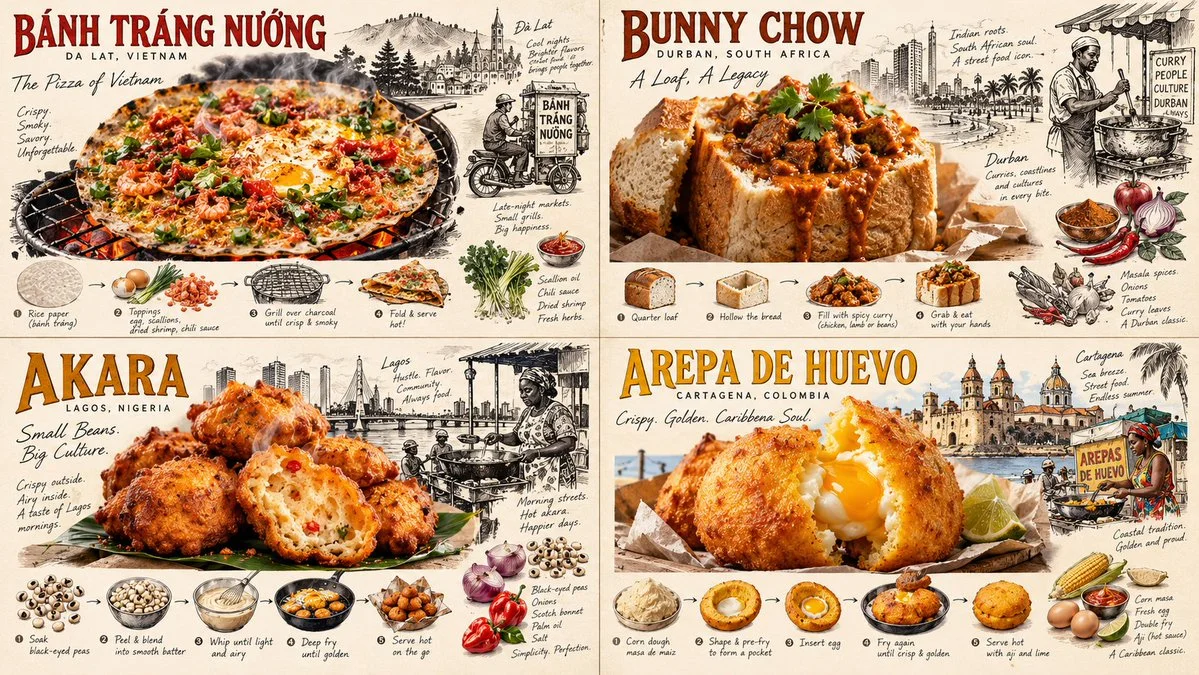 Underrated Street Foods Illustrated in Four-Panel Cinematic Grid