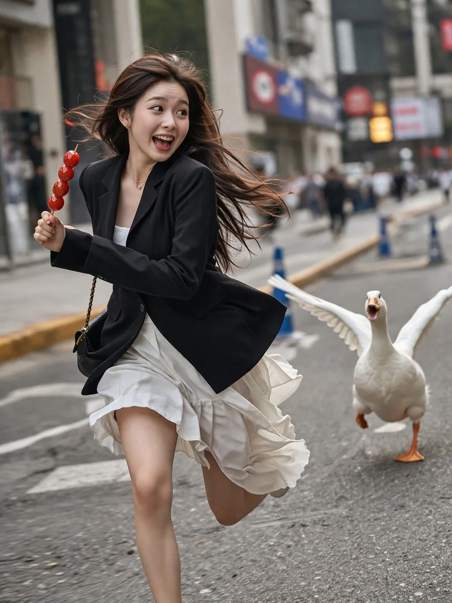 Unexpected Urban Encounter: Goose Pursuit Adds Chaos to Fashion Run
