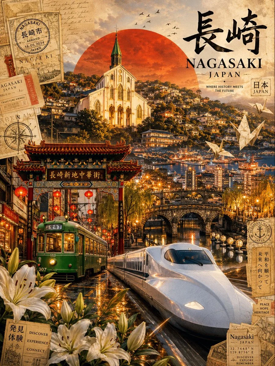 Ōura Cathedral glows beneath crimson sun in Nagasaki's hillside cityscape
