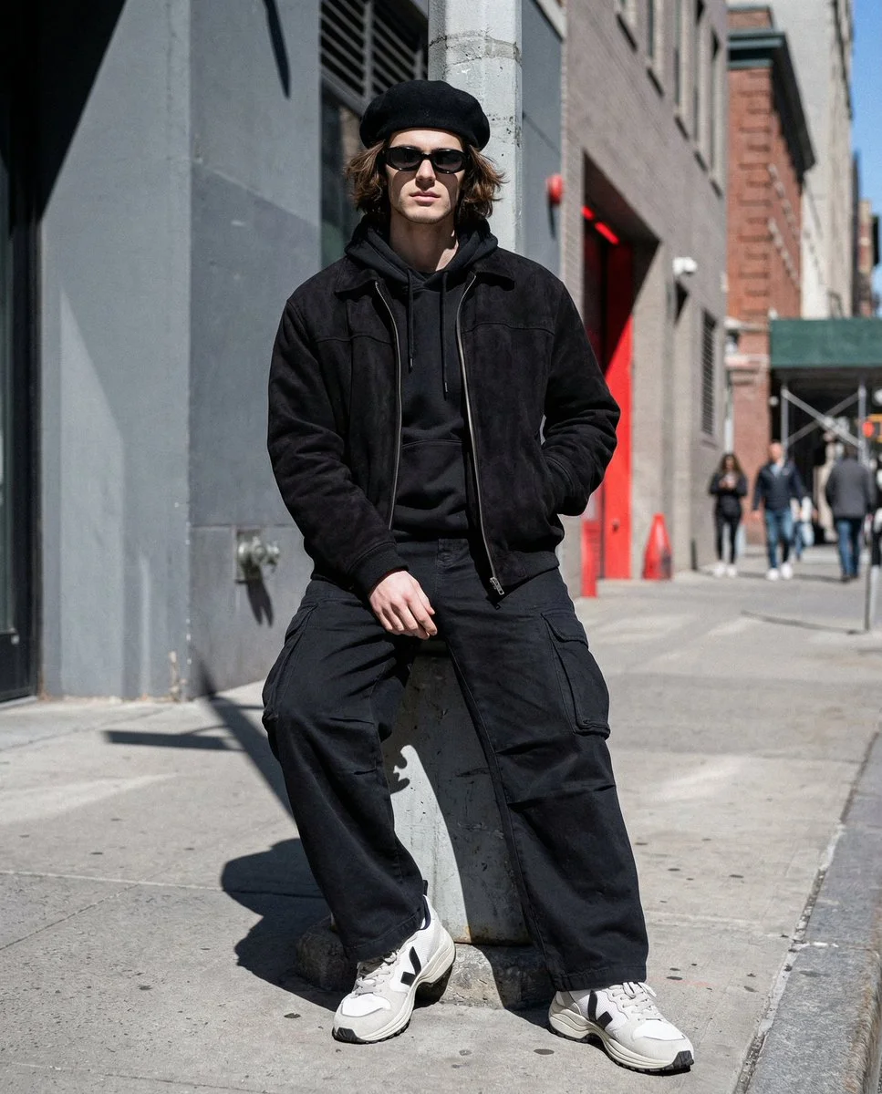 Urban Androgyny: Sharp Midday Portrait in Monochrome Layers