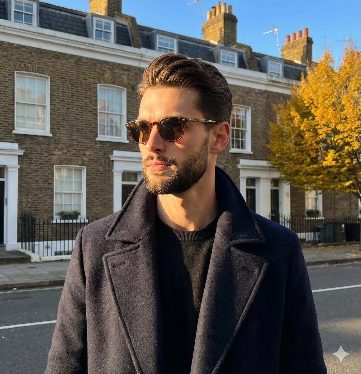 Urban Autumn Portrait with Dramatic Light and Structured Fashion