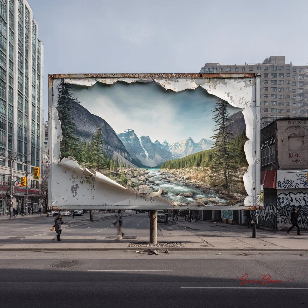 Urban Canvas: Nature Revealed Through Torn Billboard