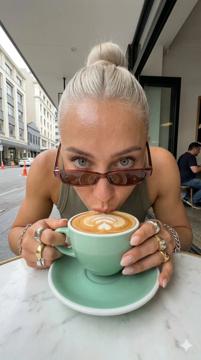 Urban Coffee Moment: Intense Gaze Over Mint-Green Cappuccino