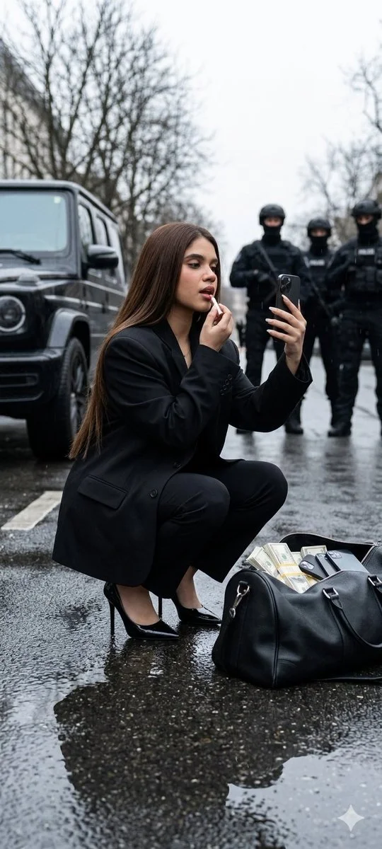 Urban Confidence: A Woman's Poise Amid Rain and Shadows