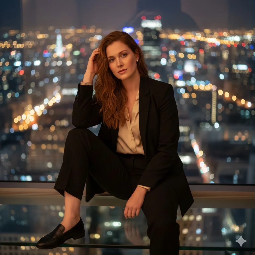 Urban Elegance: A Power Pose Under City Lights