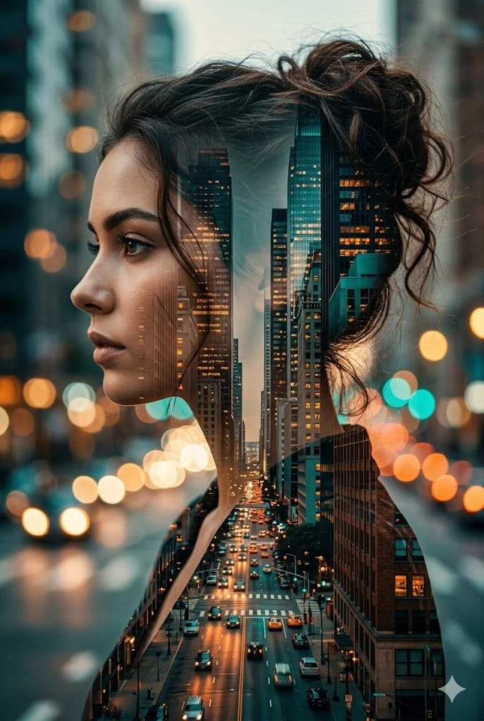 Urban Elegance: Double Exposure of Actress and Cityscape