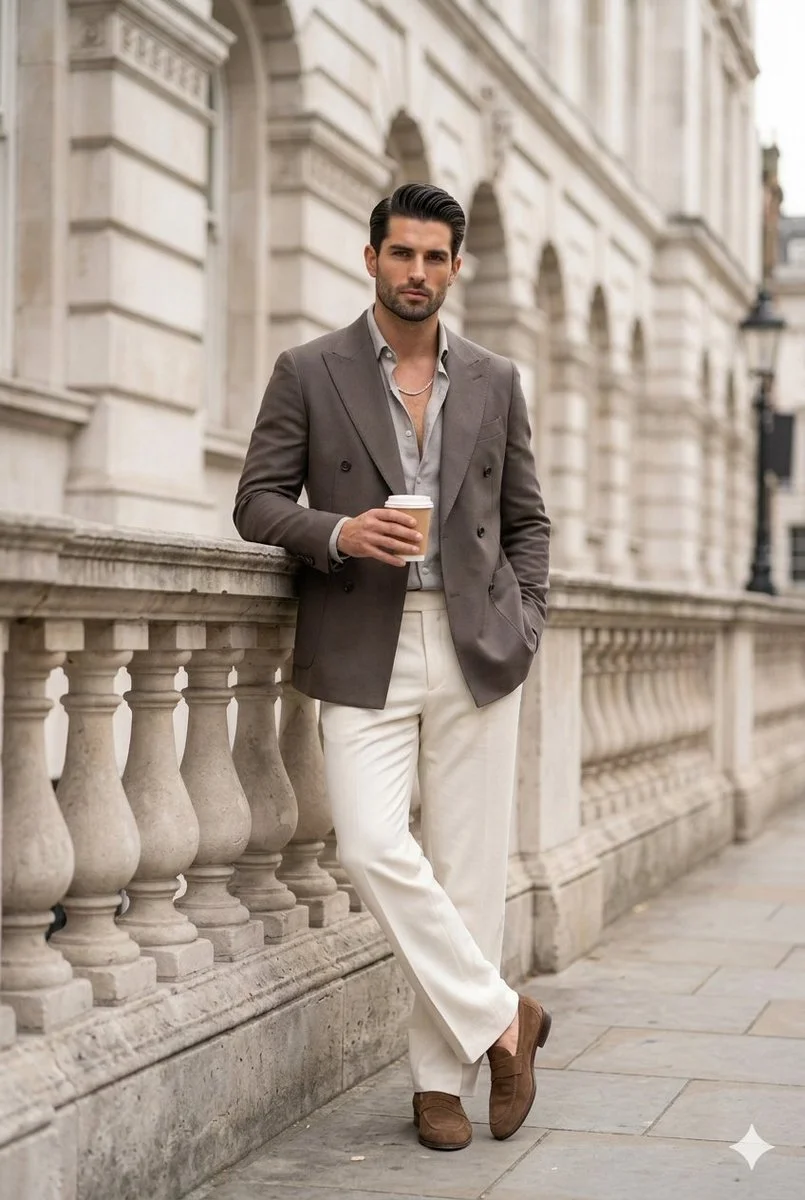 Urban Elegance: Portrait of a Modern Gentleman in Neoclassical Setting