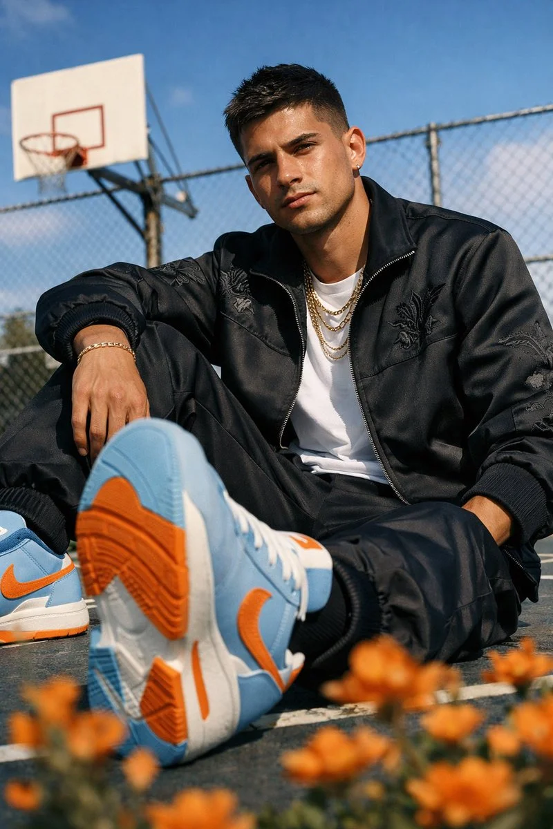 Urban Elegance: Streetwear Portrait on a Sunlit Court