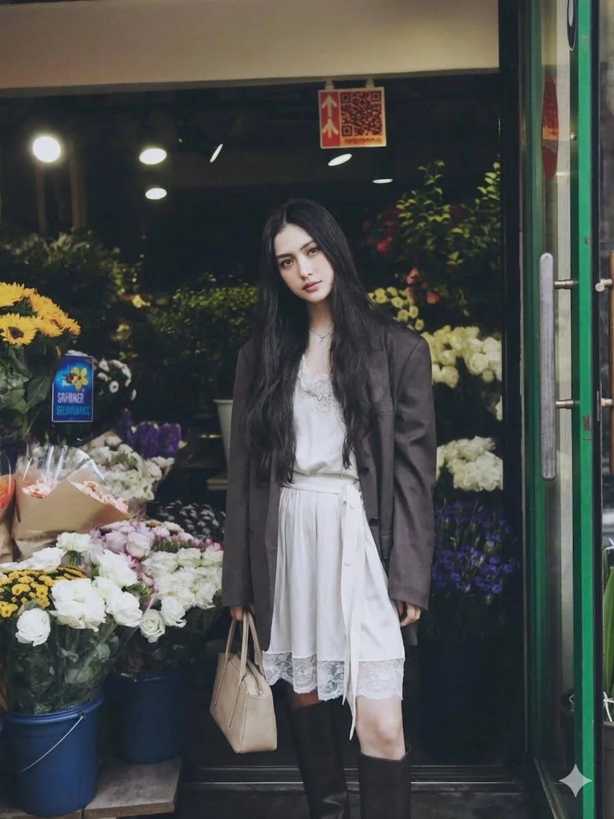 Urban Elegance: Woman in Silk and Blazer at Flower Shop Doorway