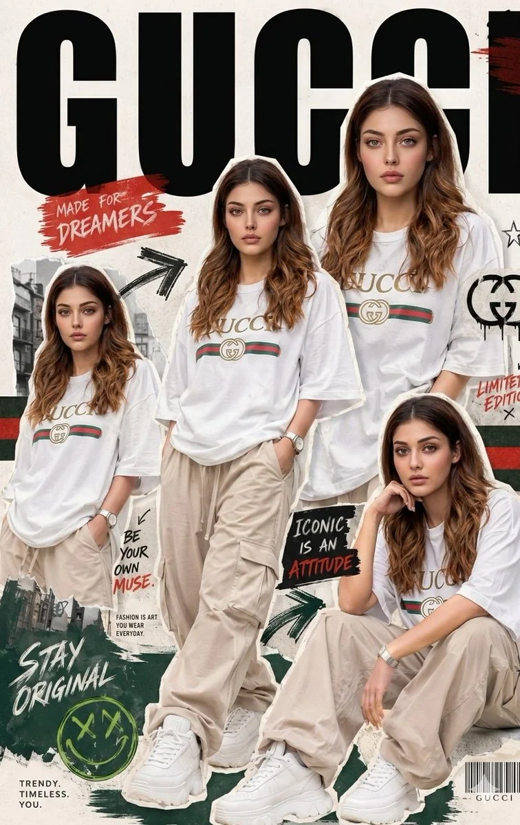 Urban fashion model strikes multiple poses in oversized streetwear