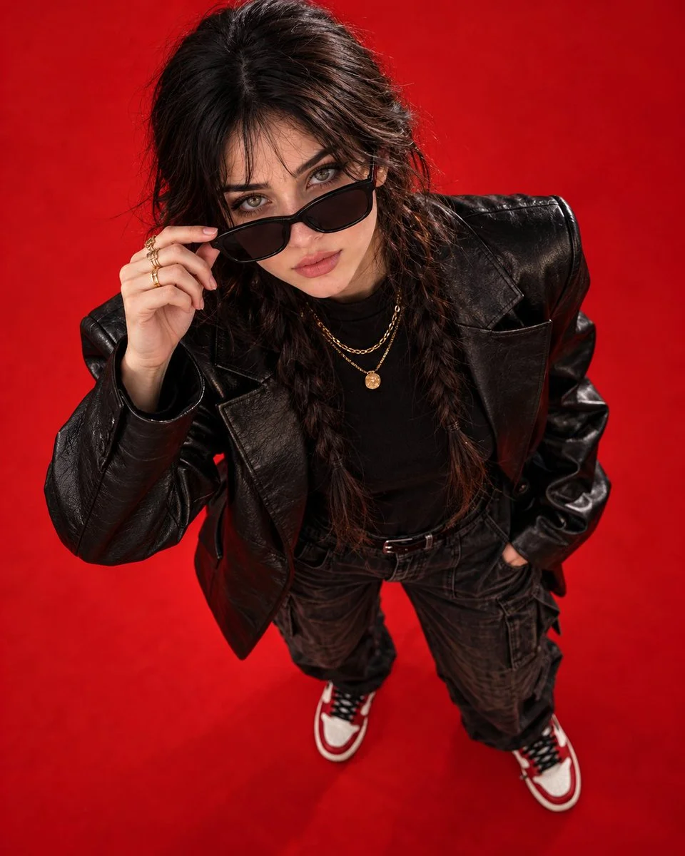 Urban Fashion Portrait Shows Woman in Leather Blazer on Red