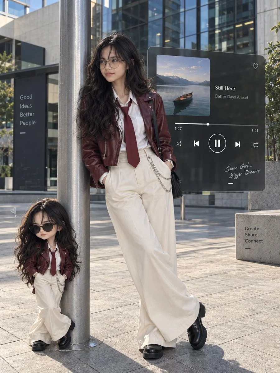Urban Fashion Portrait With Miniature Twin Leaning On Silver Pole