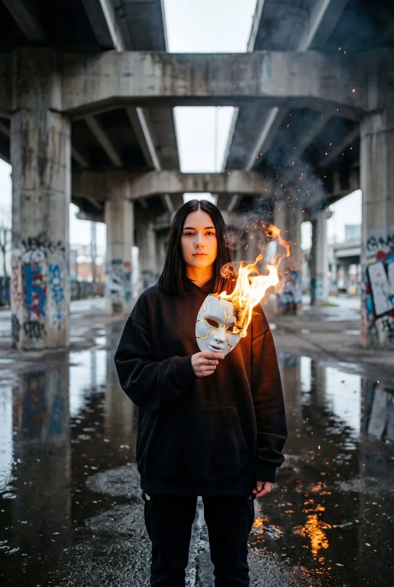 Urban Fire: The Kintsugi Mask Beneath the Overpass